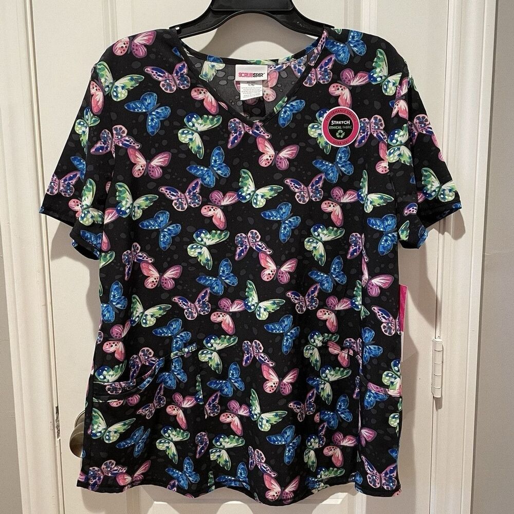 Scrubstar Scrubs Nurse Top Shirt Women’s Size Large Butterfly Print NEW with Tag
